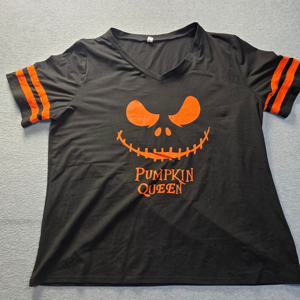 Graphic V Neck Shirt Womens XXL Black Orange Tee Pumpkin Queen Halloween